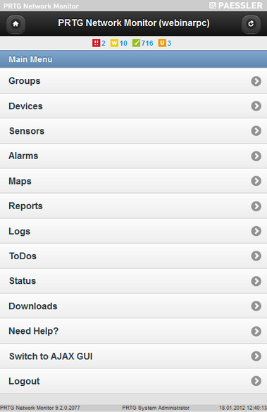 Mobile Web GUI Home Screen